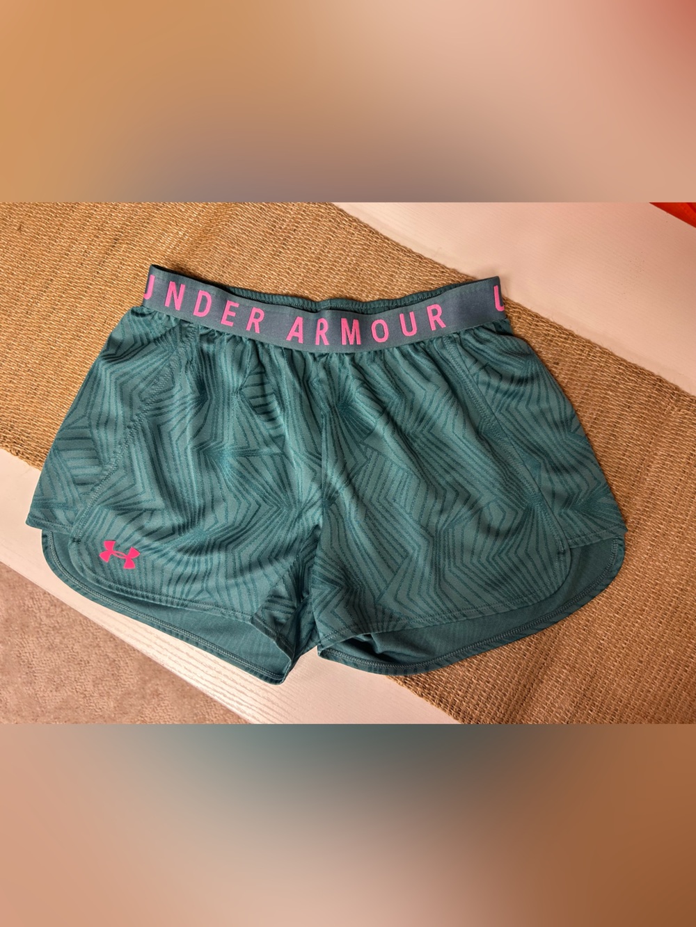 Under Armour Women's Teal Athletic Shorts with Pink Accents Small